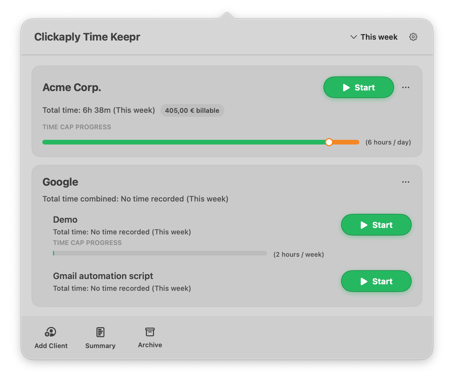 Clickaply Time Keepr main view: Acme Corp and Google clients with Start buttons, billable totals, and time-cap progress for This week