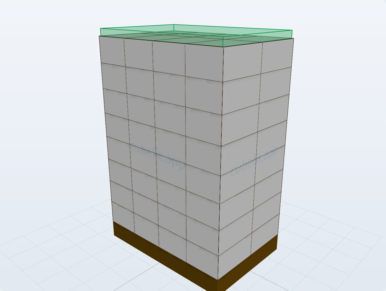 Cubefit.app 3D view - a Euro pallet stacked with 64 cartons in 8 layers