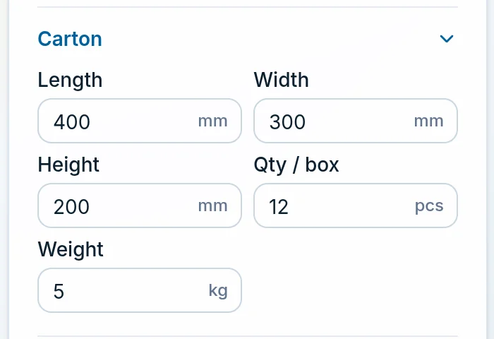Cubefit.app carton fields - length 400, width 300, height 200 mm, 12 pieces per box, 5 kg