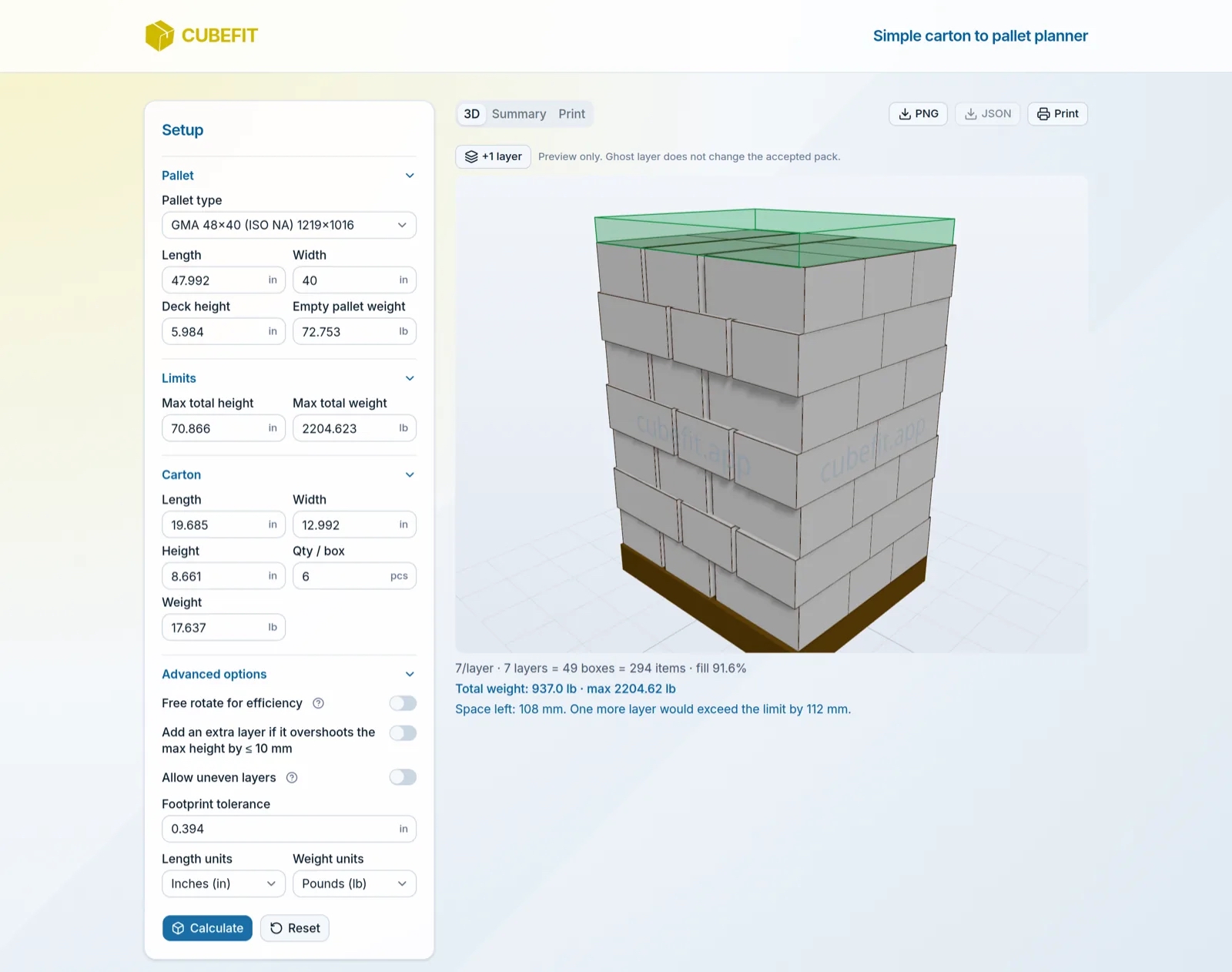 Cubefit.app - inches and pounds: a GMA 48×40 pallet