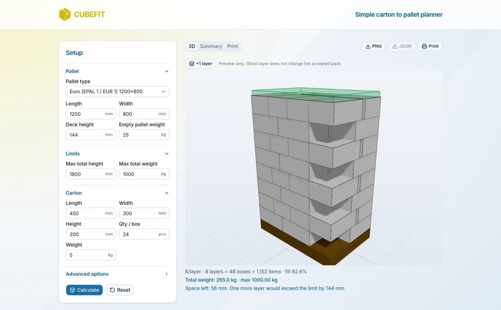 Cubefit.app - it turns cartons when that fits more: a mixed layer pattern in 3D