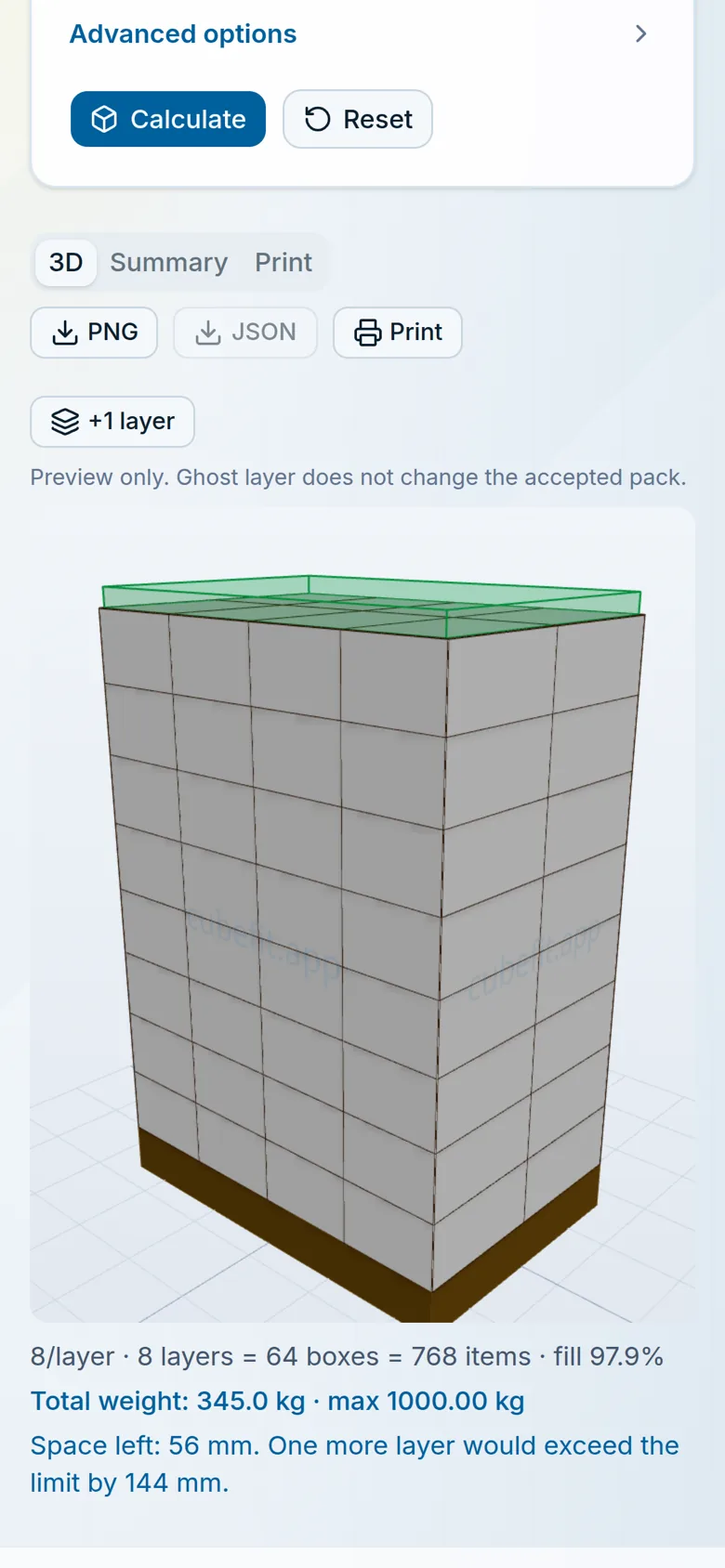 Cubefit.app result on a phone - 3D pallet with 8 per layer, 8 layers, 64 boxes
