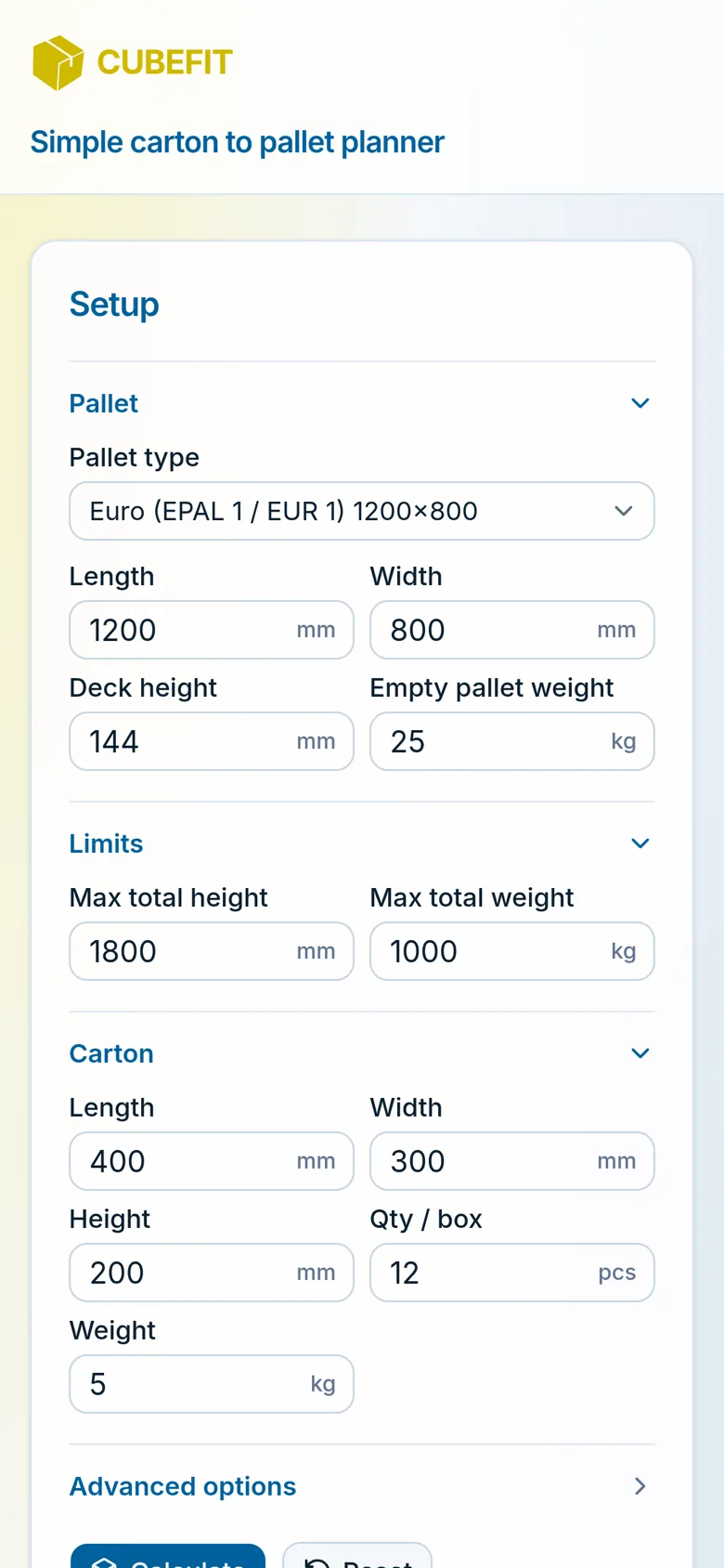 Cubefit.app on a phone - pallet, limits and carton fields ready to fill in