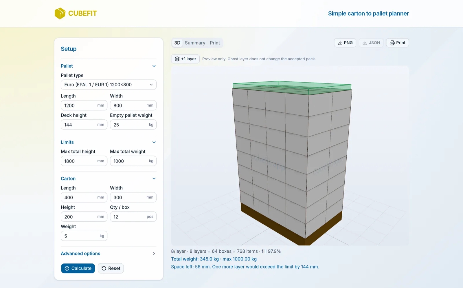 Cubefit.app - one screen, one answer: setup on the left, the 3D stack on the right