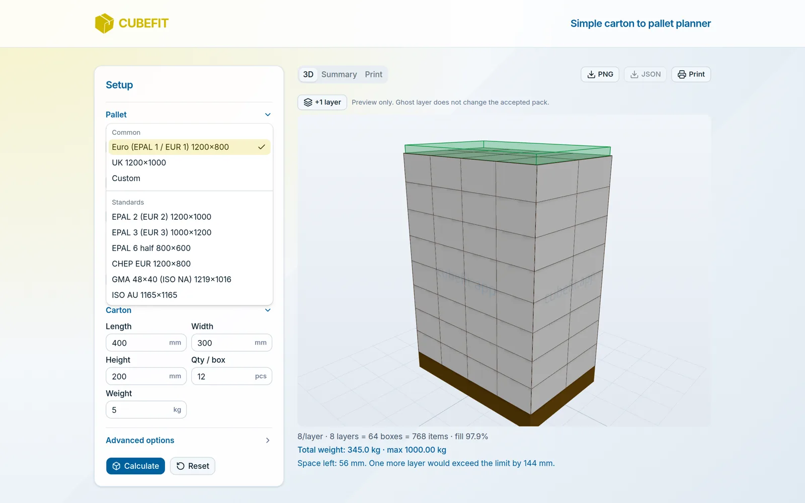 Cubefit.app - your pallet is probably in the list: the pallet type presets