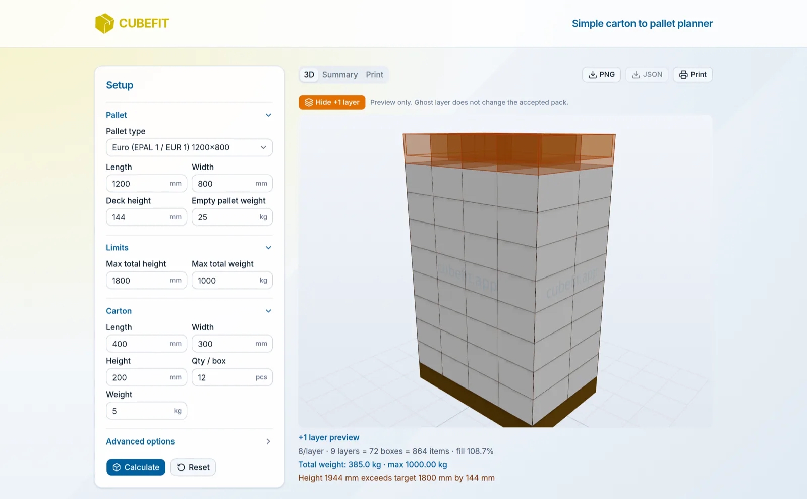 Cubefit.app +1 layer preview - one more layer shown as an orange ghost above the height limit