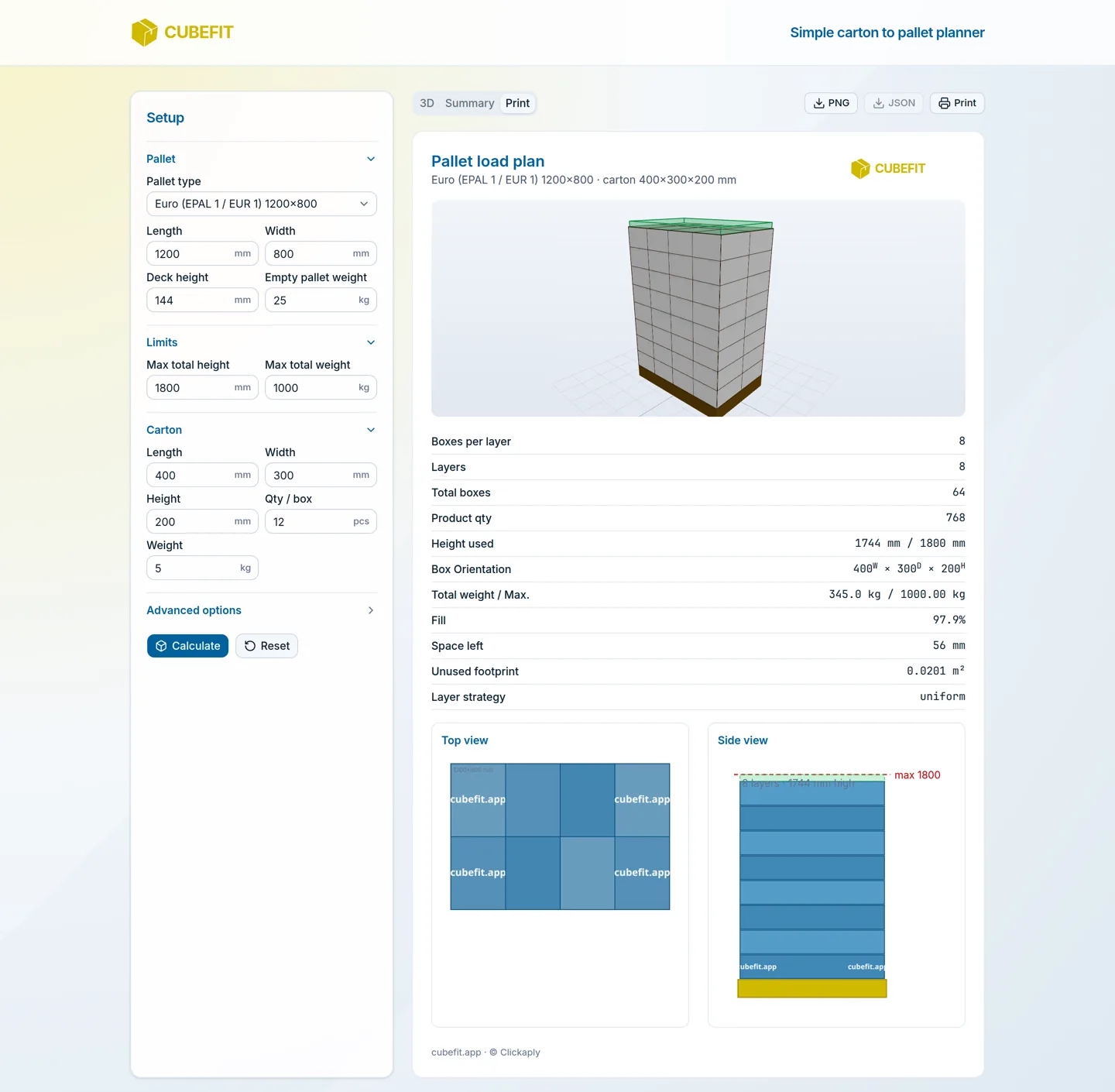 Cubefit.app - the sheet you print: picture, numbers, top view and side view