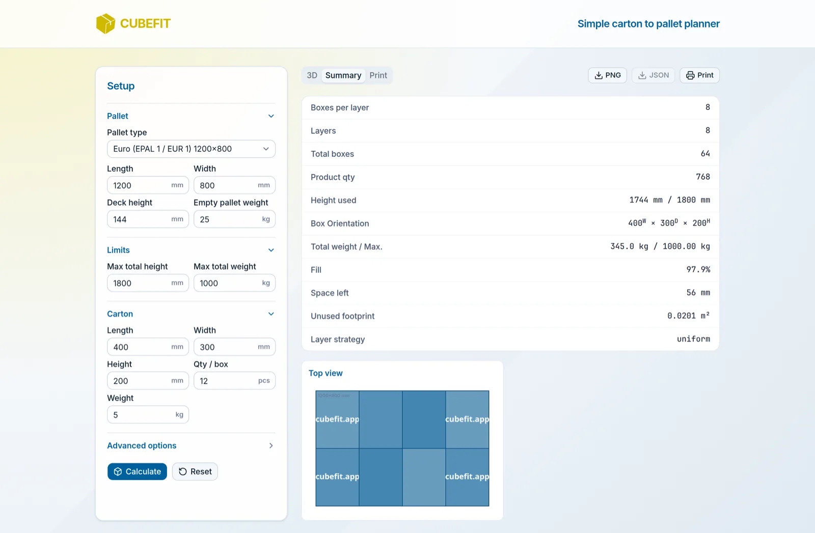 Cubefit.app - the summary table and the top view of one layer