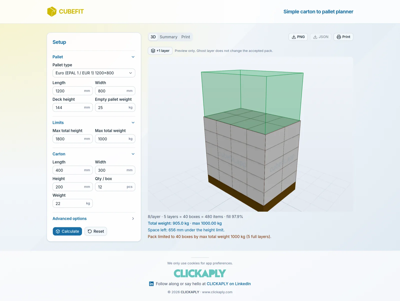 Cubefit.app - weight first, honestly: five full layers reach the 1000 kg limit