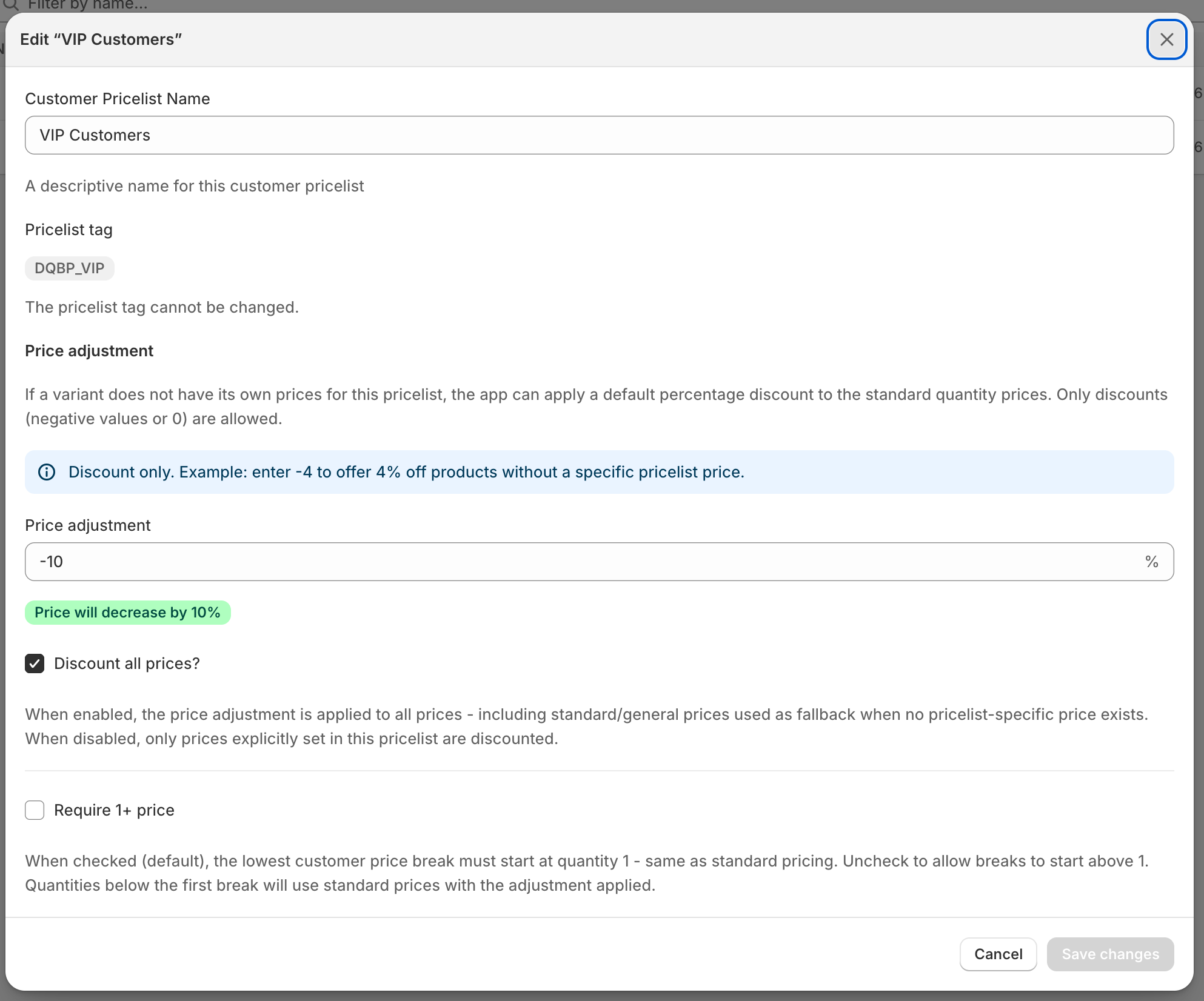 Dash Quantity Break Pricing - editing a customer price list with a -10% price adjustment, discount-all-prices and flexible breaks options
