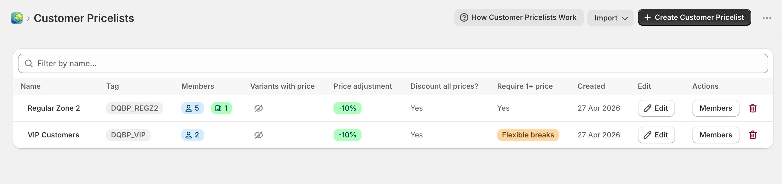 Dash Quantity Break Pricing - customer price lists overview showing members, companies, price adjustment and flexible breaks per list