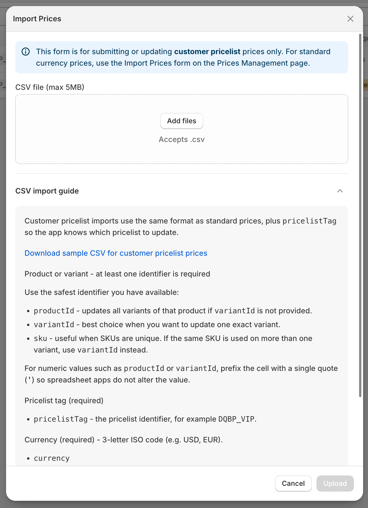 Dash Quantity Break Pricing - CSV import dialog for customer price list prices with the import guide open