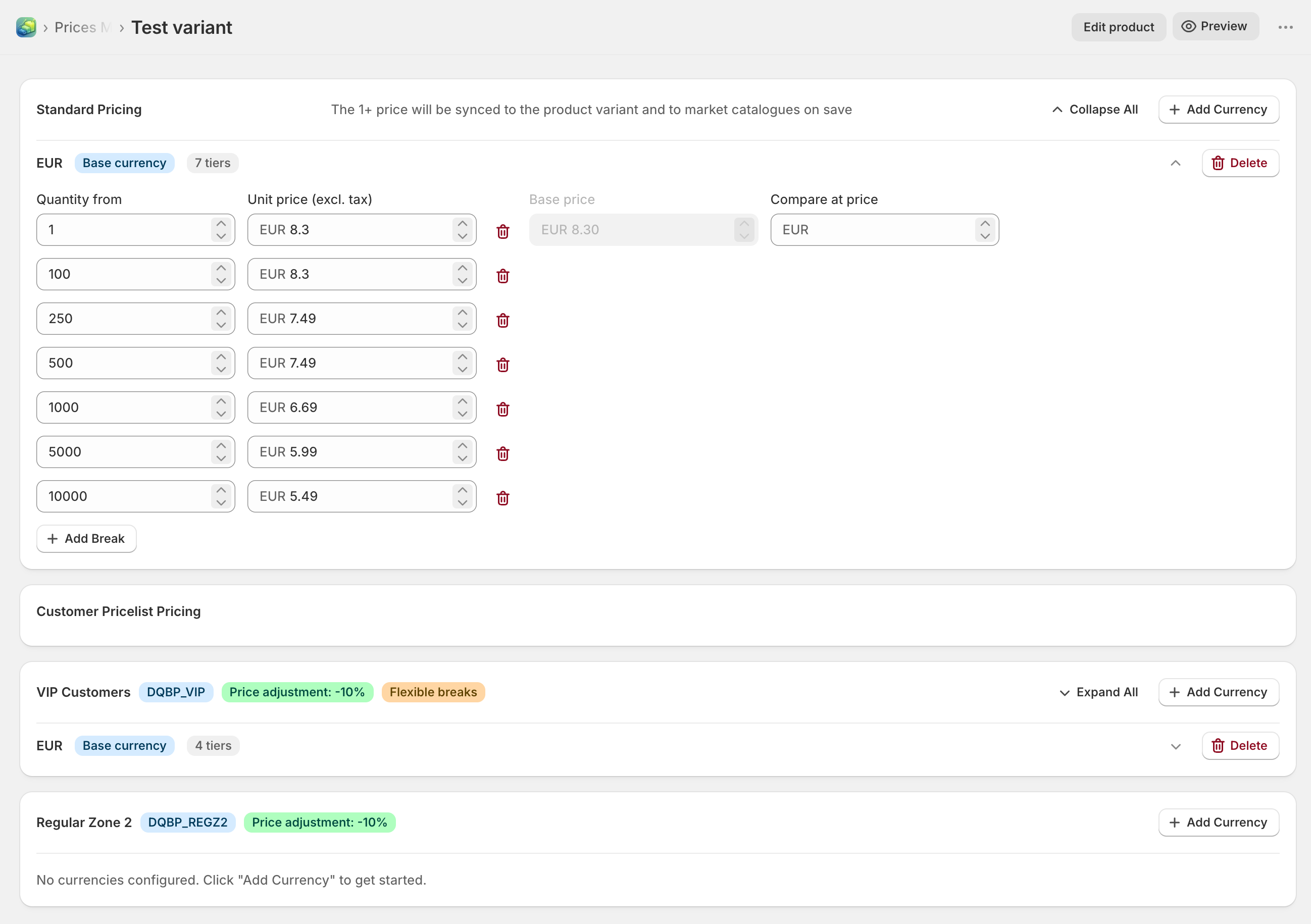 Dash Quantity Break Pricing - standard quantity breaks for a variant with seven tiers in EUR, plus two customer price lists below